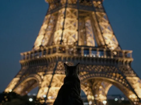 Cat Silhouette Gazing at Illuminated Eiffel Tower at Night