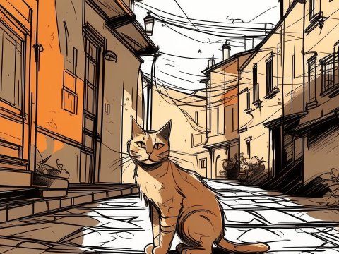 Cat Sitting in a Quiet Alleyway Illustration