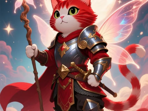 Cat Warrior with Fairy Wings Under Full Moon