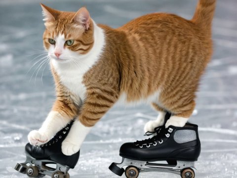 Cat Wearing Roller Skates on Ice