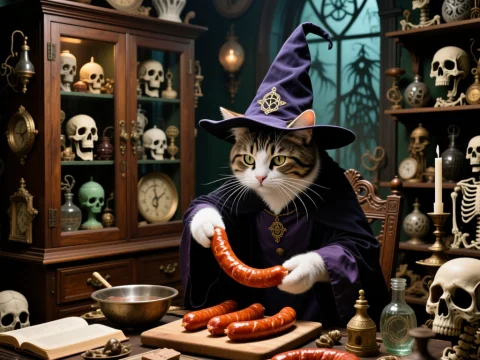 Cat Wizard Crafting Magical Sausages in a Gothic Study