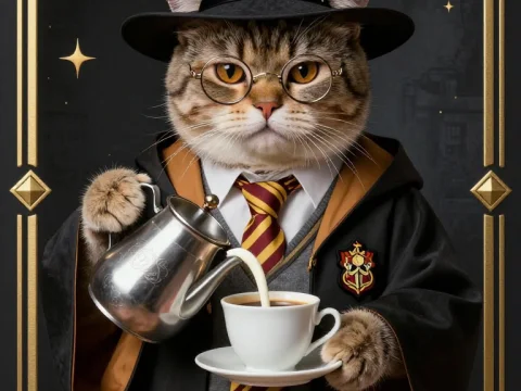 Cat Wizard Pouring Tea in Magical Attire