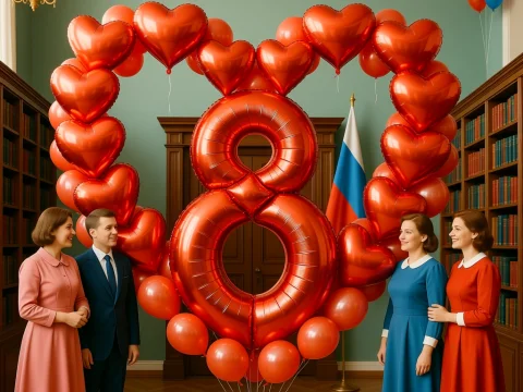 Celebration with Red Heart Balloons and Number 8 in Vintage Library