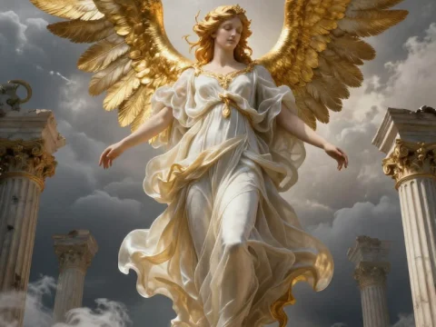 Celestial Angel with Golden Wings Amidst Stormy Skies