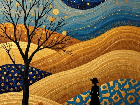 Celestial Landscape with Silhouette Woman