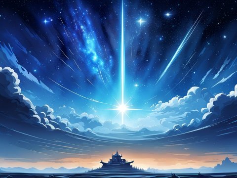 Celestial Light Beam Over Mystical Temple at Dusk