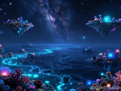 Celestial Ocean with Bioluminescent Floating Islands