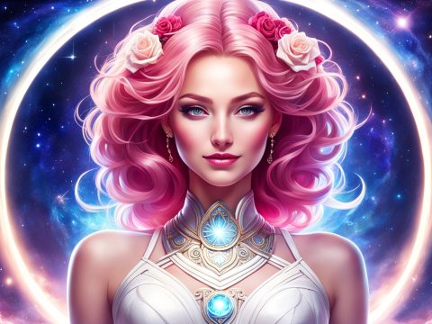 Celestial Woman with Pink Hair and Glowing Ornaments