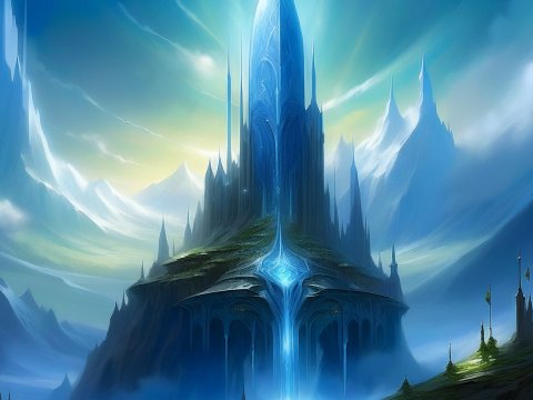 Celestia's Spire: Majestic Fantasy Tower in Mystical Mountains