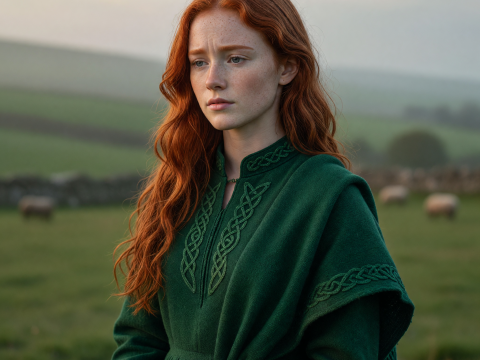 Celtic Irish Maiden in Traditional Green Dress