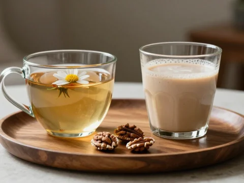 Chamomile Tea and Walnut Smoothie on Wooden Tray