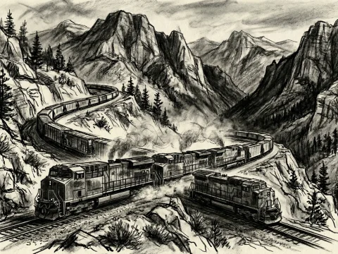 Charcoal Sketch of Freight Train Winding Through Mountain Pass