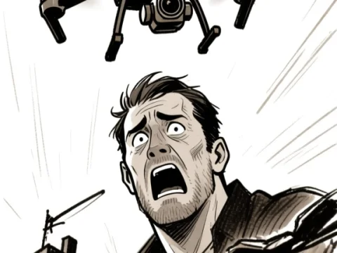Charcoal Sketch of Man Frightened by Drone