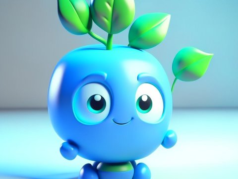 Charming 3D Blue Character with Green Leaves