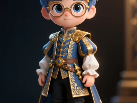 Charming Blue-Haired Noble in Ornate Regal Attire