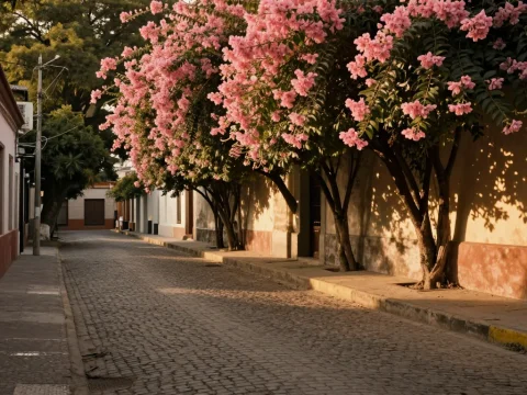Charming Buenos Aires Alley with Blooming Pink Trees