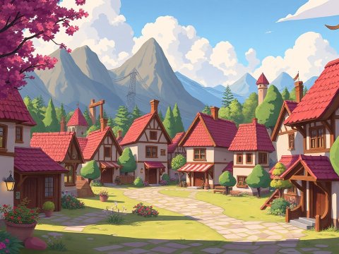 Charming Cartoon Village with Mountain Backdrop