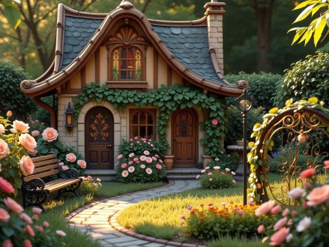 Charming Cottage Garden with Blooming Roses and Curved Pathway