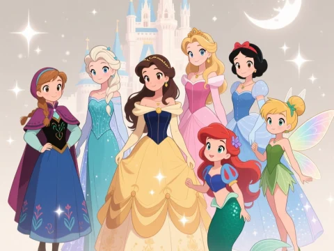 Charming Disney Princesses and Tinkerbell in Cute Anime Style
