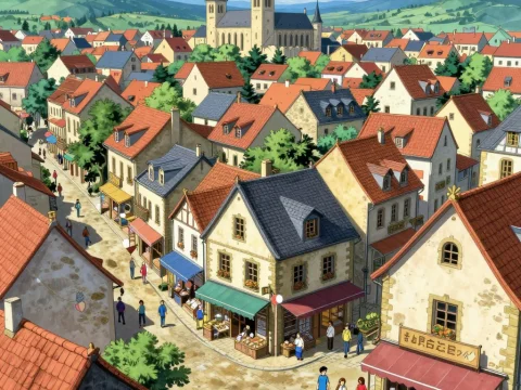 Charming European Town with Shops and Church
