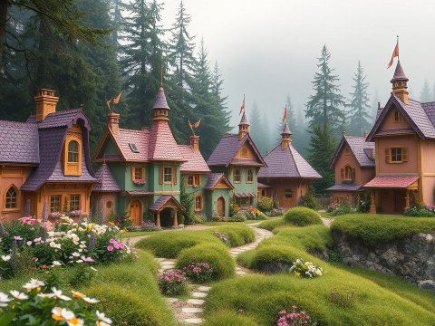 Charming Fairy Tale Village in Misty Forest