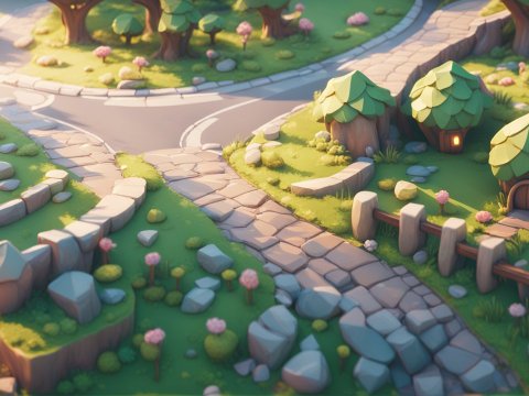 Charming Fantasy Village Crossroads in Soft Light