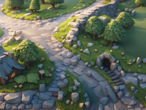 Charming Fantasy Village Pathway with Stone Cottage