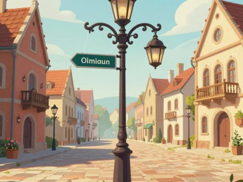 Charming Fantasy Village Street with Vintage Lamp Post