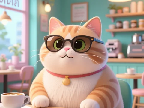 Charming Fat Cat Wearing Glasses in Cozy Cafe