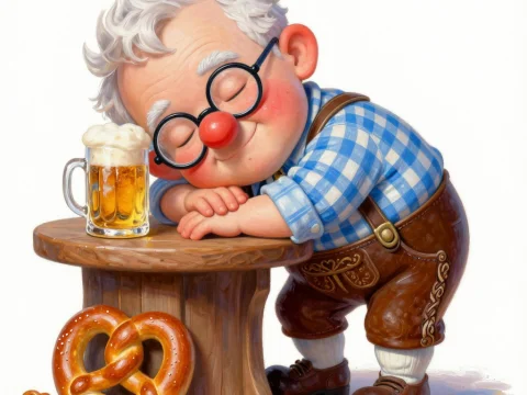 Charming Grandpa Sleeping at Oktoberfest with Beer and Pretzels