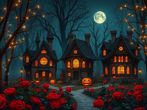 Charming Halloween Houses with Glowing Windows and Roses