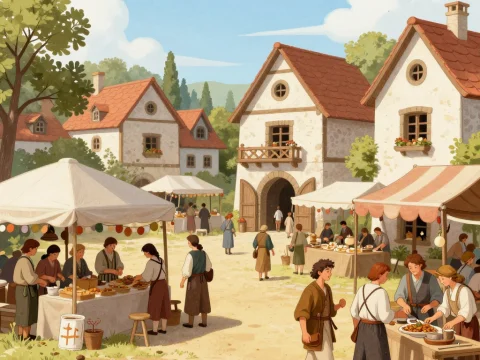 Charming Medieval Marketplace Scene in a Village