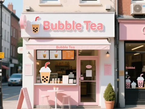 Charming Minimalist Bubble Tea Shopfront in Pastel Pink