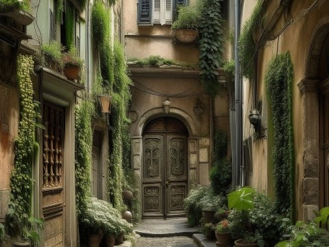 Charming Narrow Alleyway with Lush Greenery in Rome