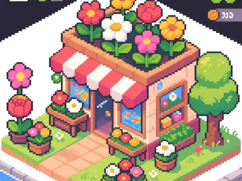 Charming Pixel Art Flower Shop with Colorful Blooms