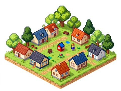 Charming Pixel Art Village with Cozy Houses and Trees