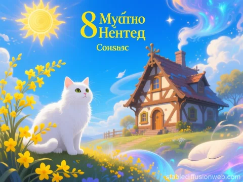 Charming Spring Day with White Cat and Cozy Cottage