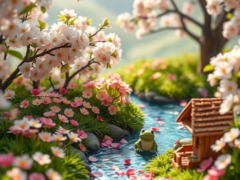 Charming Spring Stream with Blossoms and Frog