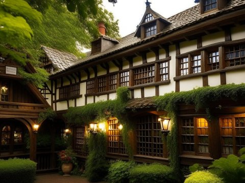 Charming Tudor-Style Cottage with Lush Greenery at Dusk