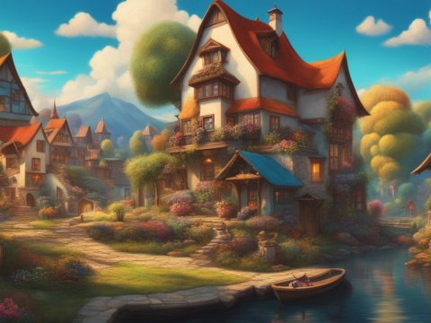 Charming Village by the Water at Sunset