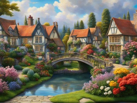Charming Village Scene with Flower Gardens and Stone Bridge