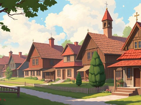 Charming Village Street with Classic Wooden Houses