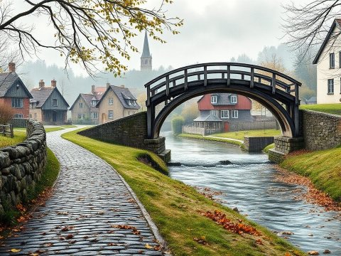 Charming Village with Stone Bridge over a Serene Stream