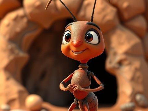 Cheerful 3D Animated Ant Character in Front of Anthill
