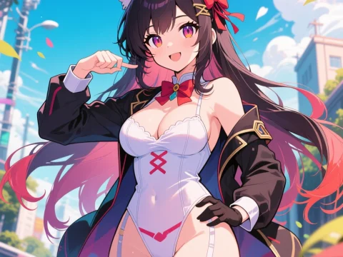 Cheerful Anime Catgirl in Stylish Outfit on Sunny Day