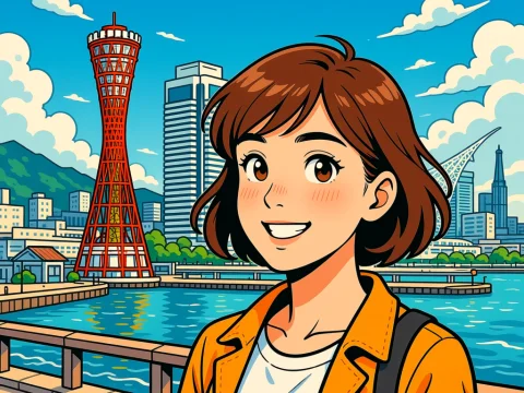Cheerful Anime Girl at Kobe Harbor with Iconic Tower