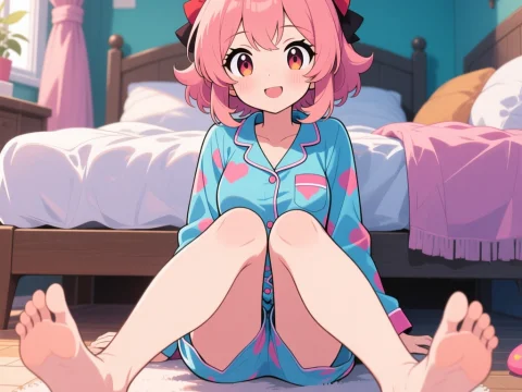 Cheerful Anime Girl in Heart-Patterned Pajamas Sitting on Floor