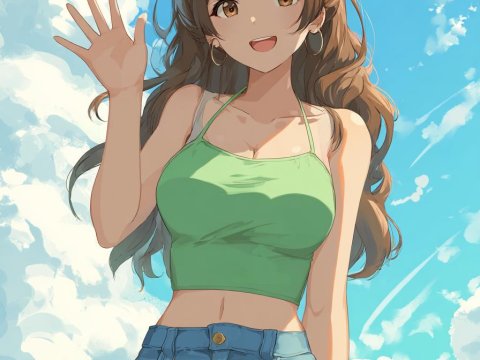 Cheerful Anime Girl Waving Under Blue Sky