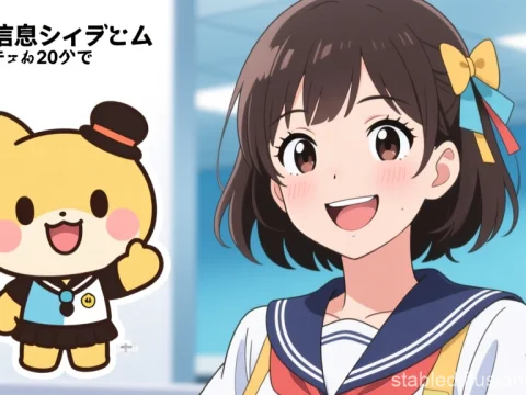 Cheerful Anime Girl with Cute Mascot in Office Setting