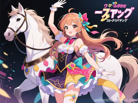 Cheerful Anime Girl with White Horse in Colorful Outfit